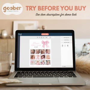 May include: A laptop screen displaying a digital template for a baby's first year photo collage. The design features a pink bow graphic, the text Juliana's FIRST YEAR, and twelve small square photo slots arranged in a grid on a white background.