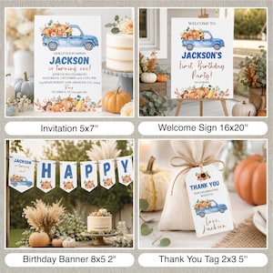May include: A collection of party stationery featuring a blue truck and pumpkin illustration. Includes a 5x7 inch invitation, a 16x20 inch welcome sign, a banner with 8x5.2 inch pennants, and a 2x3.5 inch thank you tag, all with matching autumn themes.