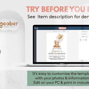 May include: A laptop screen displaying a customizable invitation template for a child's first birthday party. The template features a cartoon bear holding balloons and the text "Liam's Bear-Y 1st Birthday".