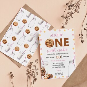 EDITABLE Milk and Cookies First Birthday Invitation, Girl 1st Birthday Party, One Sweet Cookie Printable Birthday Card. C010 image 3