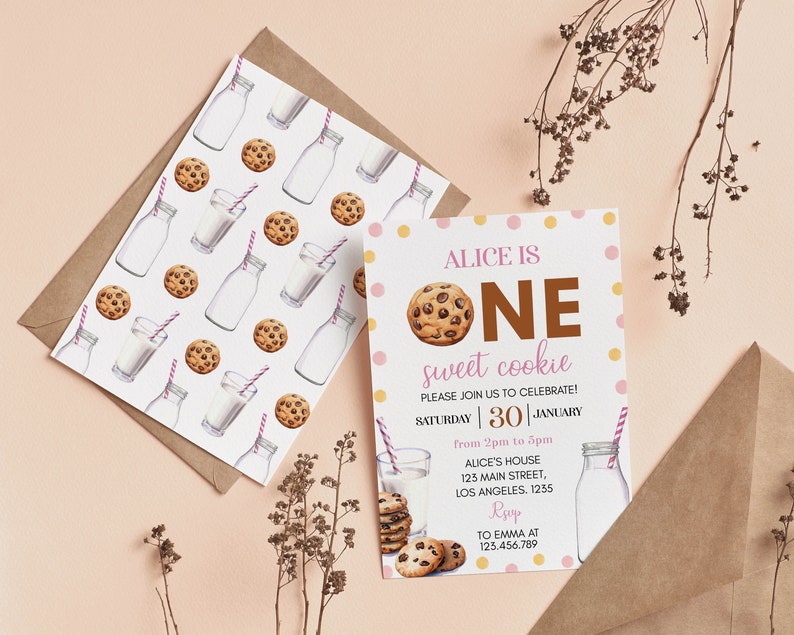 EDITABLE Milk and Cookies First Birthday Invitation, Girl 1st Birthday Party, One Sweet Cookie Printable Birthday Card. C010 image 3