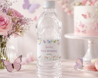 Butterfly First Birthday Water Bottle Label | Floral Butterfly Birthday Party Decor | Editable Printable Bottle Label | Instant Download