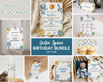 First Trip Around the Sun Invitation Bundle, Outer Space Birthday Party Decor, Blast Off Galaxy Birthday Package, Instant Download. O006