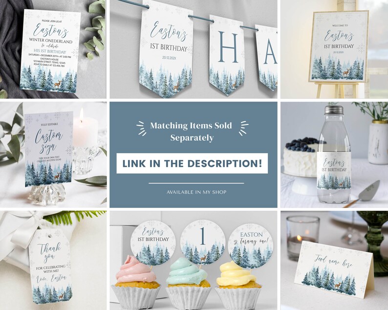 May include: A collection of winter-themed party stationery featuring a blue forest and deer illustration. Items include an invitation, banner, welcome sign, water bottle label, thank you tag, cupcake toppers, and a food tent card with snowflake accents.