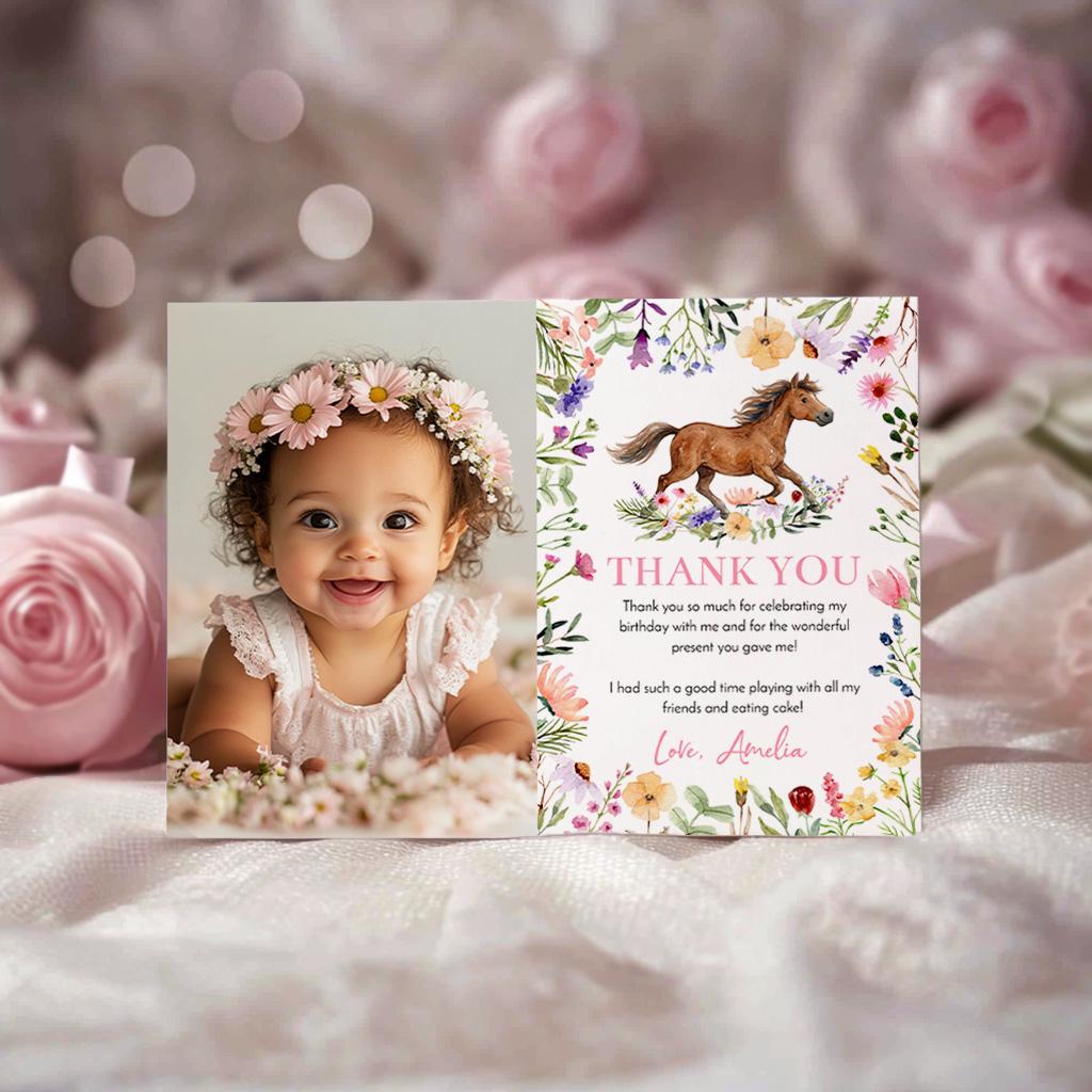 Editable Horse Birthday Thank You Card | Wildflower Pony Thank You Card ...