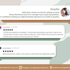 May include: Image featuring customer reviews for a digital template shop. The reviews are in speech bubbles, with a photo of the shop owner and the shop's social media links at the bottom. The reviews mention ease of use and quick service.