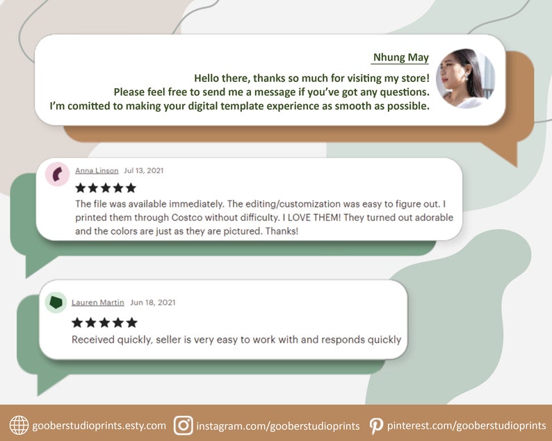 May include: Image featuring customer reviews for a digital template shop. The reviews are in speech bubbles, with a photo of the shop owner and the shop's social media links at the bottom. The reviews mention ease of use and quick service.