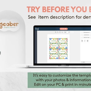 May include: A laptop computer displaying a Canva design template with a colourful dinosaur pattern. The text "TRY BEFORE YOU BUY!" is displayed above the laptop. The text "See item description for demo link" is displayed below the laptop. The text "It's easy to customize the template with your photos & information. Edit on your PC & print in minutes." is displayed below the laptop.