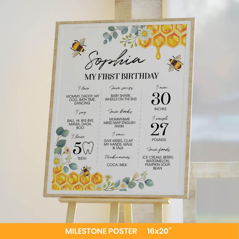Biene Geburtstagsparty Dekor, erster Tag der Biene einladen, Honigbiene Thema druckbare Schild Lieferungen, Hummel 1. Geburtstag Dekoration Vorlage. B002 Bild 5
