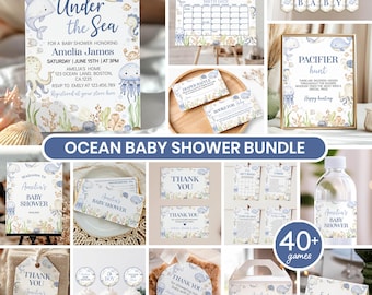 Ocean Baby Shower Bundle Boy | Under the Sea Party Decor Games | Nautical Baby Shower Kit | Printable Blue Baby Shower Set Template. O015