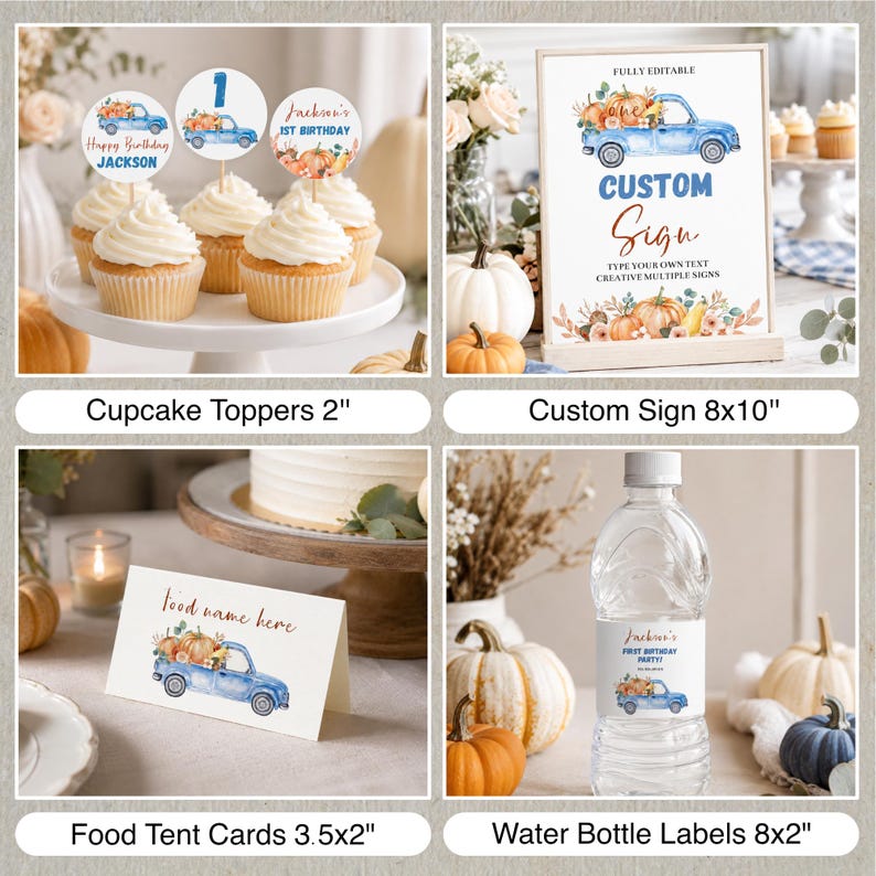 Pu&ograve; includere: Un set di articoli per feste a tema camion blu e zucche, che include topper per cupcake da 5 cm, un cartello da 20x25 cm, segnaposti per cibo da 9x5 cm ed etichette per bottiglie d'acqua da 20x5 cm con testo personalizzato.