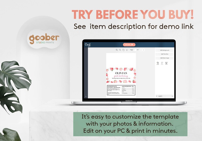 May include: A laptop screen displaying a digital birthday invitation template with strawberry graphics and the text Olivia's first birthday. The screen shows editing tools and a nutrition facts label design. Text above reads TRY BEFORE YOU BUY.