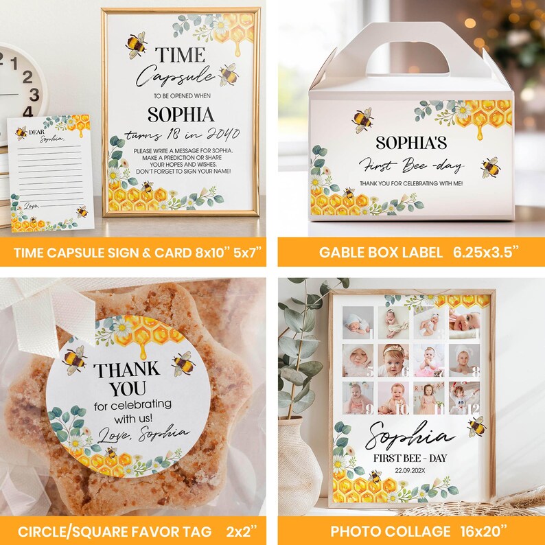 Bewerkbare First Bee Day-uitnodigingsbundel, Bee First-verjaardagsuitnodigingspakket, Honey Bee Birthday Party Decor Kit, Instant Download. B002 afbeelding 6