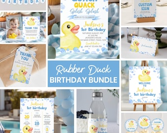 ゴム製のアヒルの 1 歳の誕生日パーティー バンドル、ラッキー ダックの招待状 1 セット、編集可能で印刷可能。
