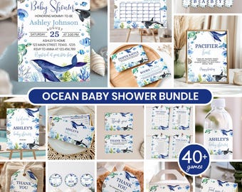 Paquete de baby shower con temática oceánica para niño / Juegos y decoración para fiestas bajo el mar / Kit náutico para baby shower / Plantilla imprimible para baby shower azul. O004