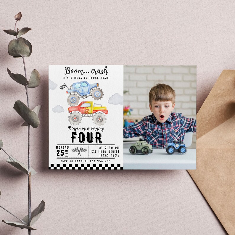 May include: A rectangular birthday invitation card featuring a watercolor illustration of two stacked monster trucks, a photo of a child playing with toy vehicles, and text reading Boom... crash IT'S A MONSTER TRUCK BASH! Benjamin is turning FOUR.