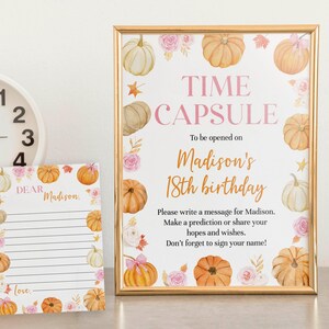 EDITABLE Boho Pumpkin Time Capsule Template, Pumpkin 1st Birthday Time Capsule & Cards, Pink Bow Birthday Keepsake, Instant Download