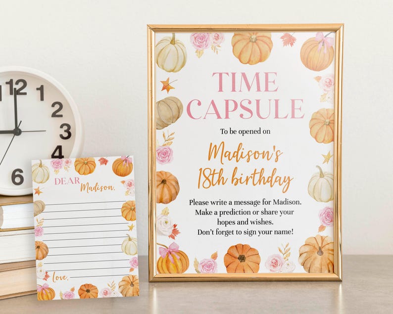 EDITABLE Boho Pumpkin Time Capsule Template, Pumpkin 1st Birthday Time Capsule & Cards, Pink Bow Birthday Keepsake, Instant Download