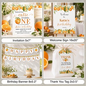 May include: A collection of orange-themed birthday party stationery including a 5x7 inch invitation, a 16x20 inch welcome sign, a birthday banner with 8x5.2 inch pennants, and a 2x3.5 inch thank you tag, all featuring orange fruit illustrations.