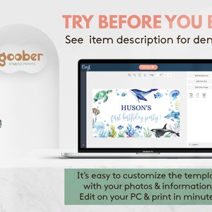May include: A laptop screen displaying a digital invitation template with watercolor sea creatures, including a whale, turtle, and shark. The text reads HUSON'S first birthday party. The screen shows editing tools and the text TRY BEFORE YOU BUY!