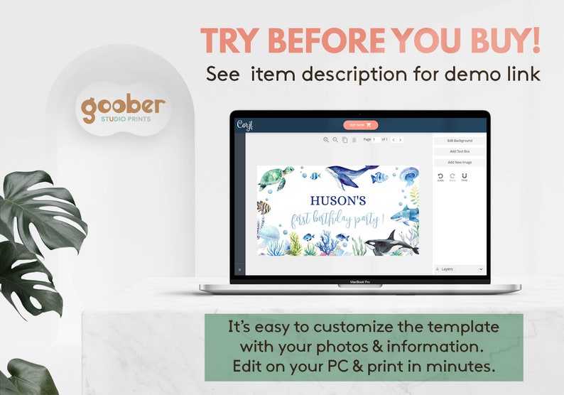 May include: A laptop screen displaying a digital invitation template with watercolor sea creatures, including a whale, turtle, and shark. The text reads HUSON'S first birthday party. The screen shows editing tools and the text TRY BEFORE YOU BUY!