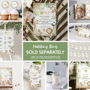 Pu&ograve; includere: Un set di decorazioni per feste stampabili per un primo compleanno a tema giungla. Le decorazioni includono un cartello di benvenuto, uno striscione, topper per cupcake, un biglietto di ringraziamento, un'etichetta per bottiglia d'acqua e un cartello con un elenco di traguardi per il primo anno. Le decorazioni presentano un tema di animali della giungla con un leone, una giraffa, una zebra e un elefante.
