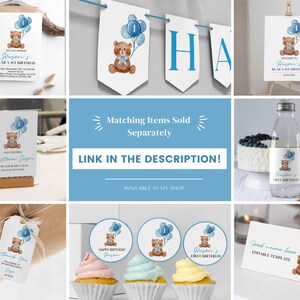 Op de afbeelding: Een collectie verjaardagsfeestartikelen met een aquarel bruine teddybeer die blauwe ballonnen met het cijfer &eacute;&eacute;n vasthoudt. Bevat uitnodigingen, banners, welkomstborden, waterfleslabels, cadeaulabels, cupcake toppers en naamkaartjes.