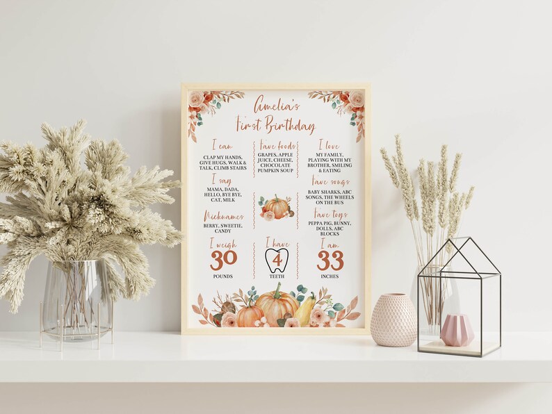 May include: A framed milestone poster for a first birthday titled Amelia's First Birthday, featuring autumn-themed floral and pumpkin illustrations. The text lists personal details including I can, I have foods, I love, I say, fave songs, nicknames, fave toys, I weigh 30 pounds, 4 teeth, and I am 33 inches.