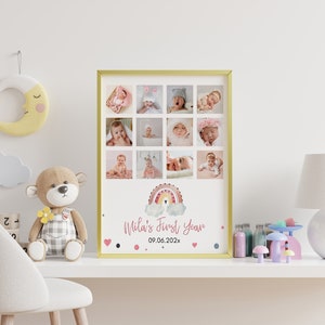 Boho Rainbow First Birthday Photo Board, Custom Baby Milestone Poster, Girl Birthday Party Decor, 1st Year Photo Collage Sign Template. R003 image 6