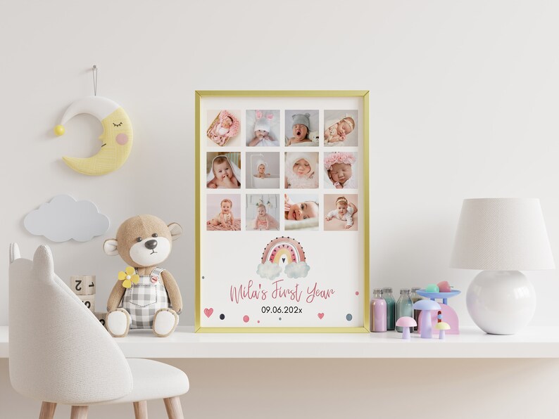 Boho Rainbow First Birthday Photo Board, Custom Baby Milestone Poster, Girl Birthday Party Decor, 1st Year Photo Collage Sign Template. R003 image 6