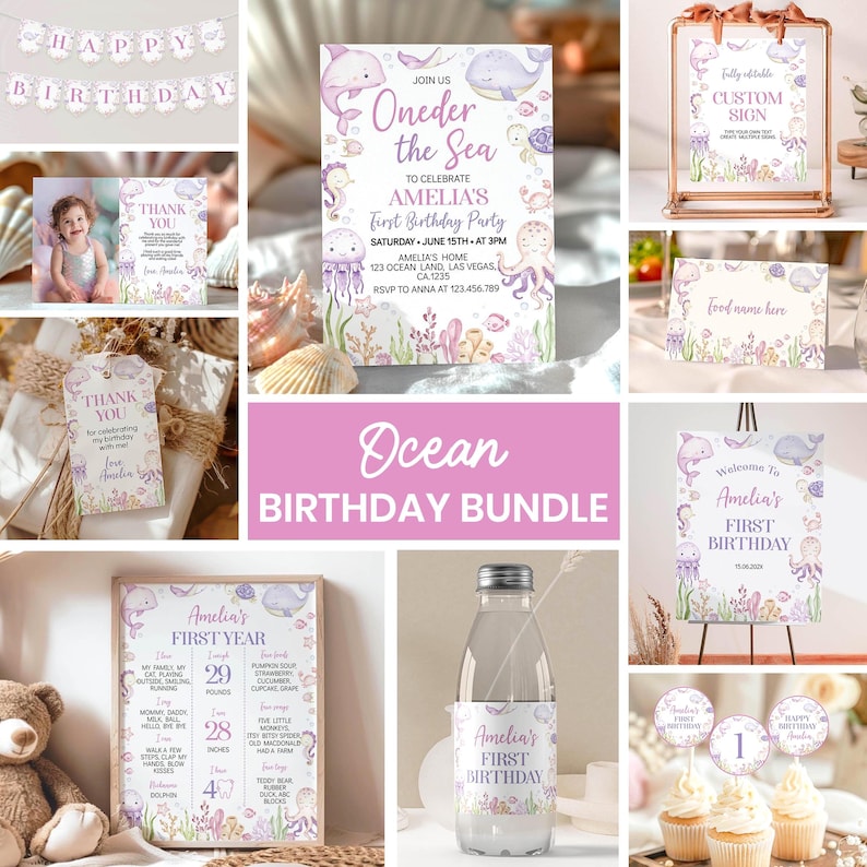 Editable Under The Sea Birthday Invitation Bundle, Oneder The Sea Birthday Party Package, Girl 1st Birthday Bundle, Printable Templates