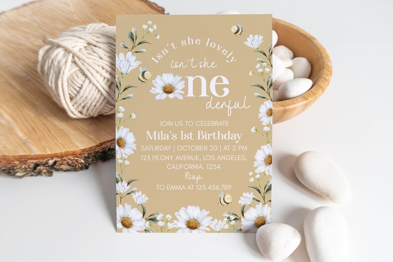 Editable Daisy Birthday Party Invitation, Bee 1st Birthday Invitation, Onederful Birthday Invitation, Isn't She Lovely Instant Download D005