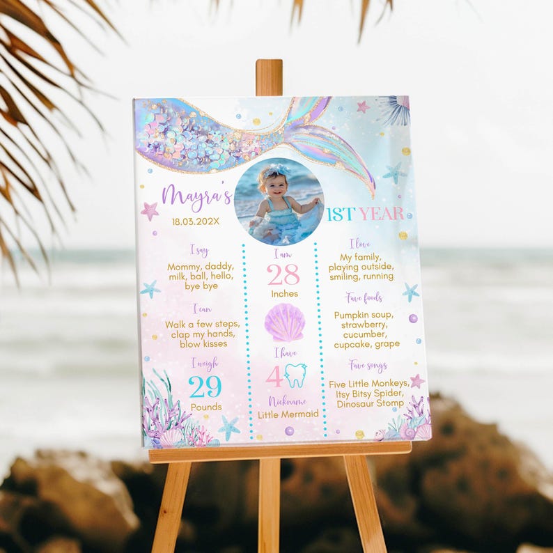 EDITABLE Mermaid Milestone Photo Poster, Under The Sea 1st Birthday Chalkboard Sign, Mermaid Birthday Decorations, Printable