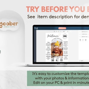 May include: A laptop screen displaying a customizable first birthday invitation template with a photo of a baby boy in a brown jacket and yellow hat. The template includes the baby's name, age, and a list of milestones. The text "TRY BEFORE YOU BUY!" is displayed above the laptop. The text "See item description for demo link" is displayed below the laptop.