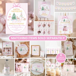 May include: A collection of Winter Onederland themed party supplies featuring pink and white striped patterns, gold text, and illustrations of a nutcracker, Christmas tree, and ballerina. Items include invitations, banners, signs, and tags.