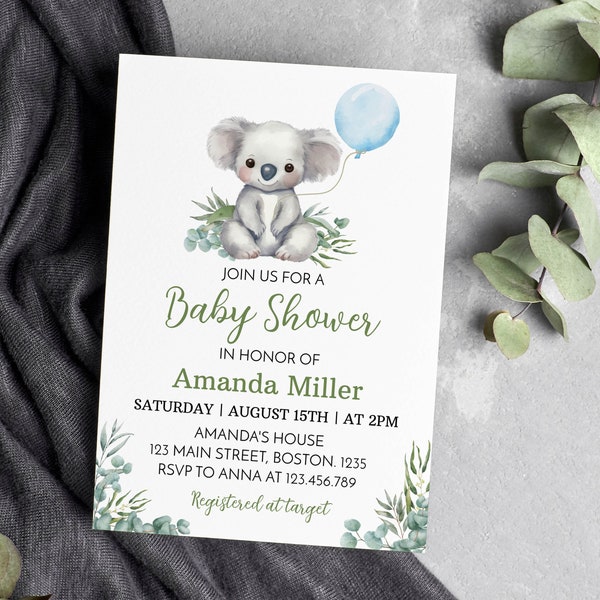 Editable Koala Baby Shower Invitation, Koala Baby Shower Invite, Australian Animal Baby Shower Party, Customizable & Printable. K001