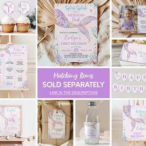 May include: A collection of mermaid-themed party stationery including an invitation, milestone board, thank you card, food tent, banner, favor tag, water bottle label, and cupcake toppers, all featuring pastel colors, mermaid tails, and sea life.