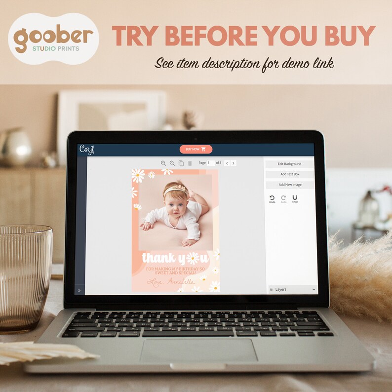 May include: A laptop screen displaying a digital thank you card template featuring a photo of a baby, white daisy illustrations, and the text thank you for making my birthday so sweet and special, with the name Annabella written in script.