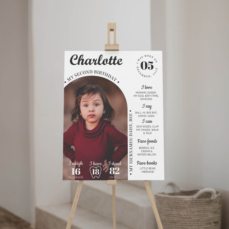 K&ouml;nnte beinhalten: Ein wei&szlig;es, rechteckiges Geburtstagsschild auf einer Holzstaffelei mit einem Foto eines Kindes in einem kastanienbraunen Oberteil. Der Text enth&auml;lt den Namen Charlotte, das Geburtsdatum 05. Dezember 2024 sowie Daten: 16 kg, 18 Z&auml;hne, 82 cm.