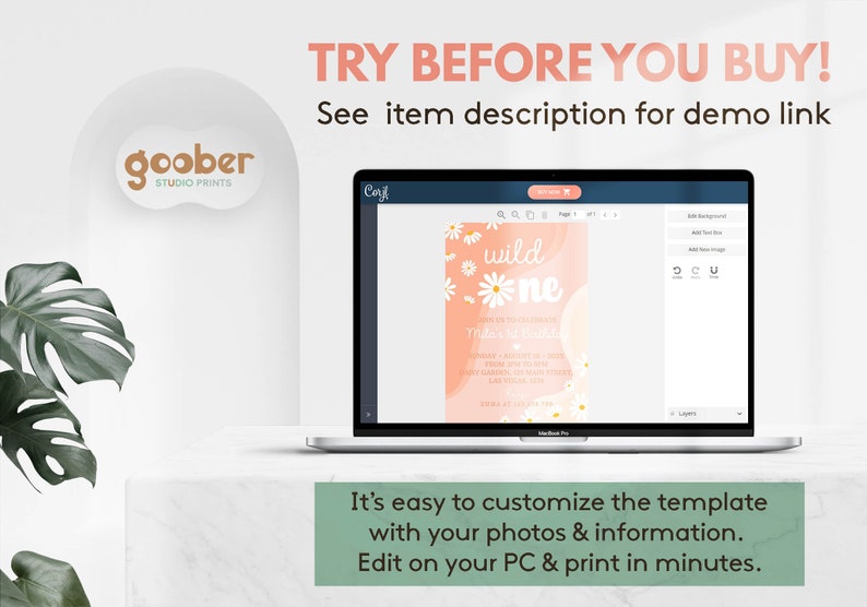 May include: A laptop displaying a digital invitation template with a peach-colored background, white daisy graphics, and the text "wild one". The screen shows editing tools and the text "TRY BEFORE YOU BUY! See item description for demo link".