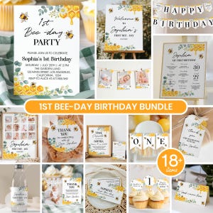 Editable First Bee Day Invitation Bundle, Bee First Birthday Invitation Package, Honey Bee Birthday Party Decor Kit, Instant Download. B002