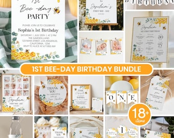 Editable First Bee Day Invitation Bundle, Bee First Birthday Invitation Package, Honey Bee Birthday Party Decor Kit, Instant Download. B002