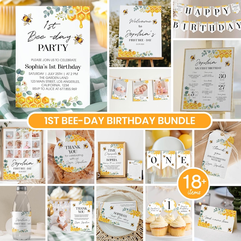 Bewerkbare First Bee Day-uitnodigingsbundel, Bee First-verjaardagsuitnodigingspakket, Honey Bee Birthday Party Decor Kit, Instant Download. B002 afbeelding 1