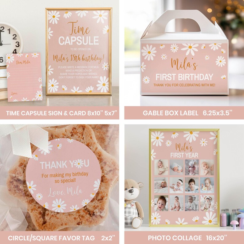 Editable Daisy First Birthday Invitation Bundle, Daisy Birthday Party Decor Kit, Retro Daisy Theme Birthday Package, Instant Download. #D003 image 7