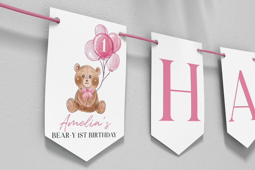 Editable Bear Birthday Banner, Teddy Bear Happy Birthday Banner, Beary ...