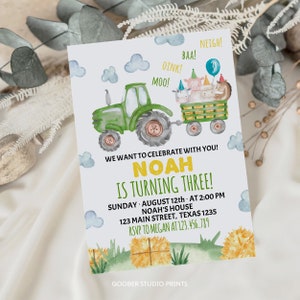 May include: A rectangular birthday invitation card featuring a green tractor pulling a wagon with a cow, pig, sheep, and horse wearing party hats. Text includes: WE WANT TO CELEBRATE WITH YOU! NOAH IS TURNING THREE! SUNDAY AUGUST 12TH AT 2:00 PM.