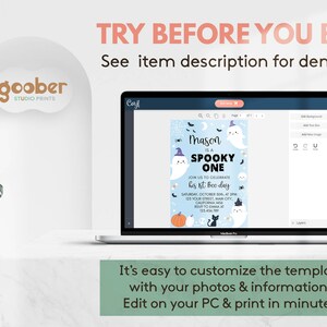 May include: A laptop screen displaying a light blue digital invitation template with Halloween graphics including ghosts, pumpkins, and a black cat. The text reads Mason is a SPOOKY ONE, join us to celebrate his 1st boo-day, and event details.