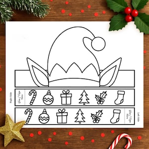 Könnte beinhalten: Schwarz-weiße Strichzeichnung eines Weihnachtselfenhuts und dekorativer Elemente. Das Design umfasst Zuckerstangen, Kugeln, Geschenke, Bäume, Stechpalmen und Strümpfe. Der Text "Glue/Tape Here" ist ebenfalls vorhanden.