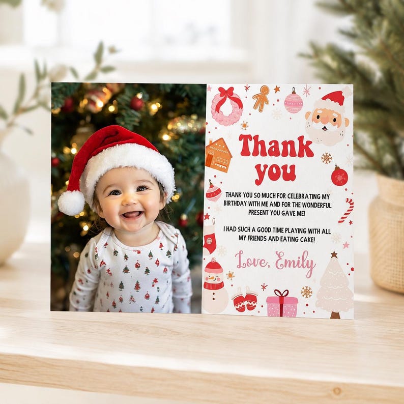 May include: A rectangular thank you card featuring a photo of a smiling baby wearing a red and white Santa hat and a patterned long-sleeve shirt. The right side displays the text Thank you and a message from Emily with festive holiday icons.