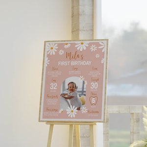 K&ouml;nnte beinhalten: Ein rosa-wei&szlig;es Schild zum ersten Geburtstag mit einem G&auml;nsebl&uuml;mchenrand. Das Schild enth&auml;lt ein Foto eines kleinen M&auml;dchens und Details &uuml;ber ihr erstes Jahr, darunter ihre Gr&ouml;&szlig;e, ihr Gewicht, ihre Lieblingsessen und Lieder. Der Text auf dem Schild lautet "Mila's First Birthday".